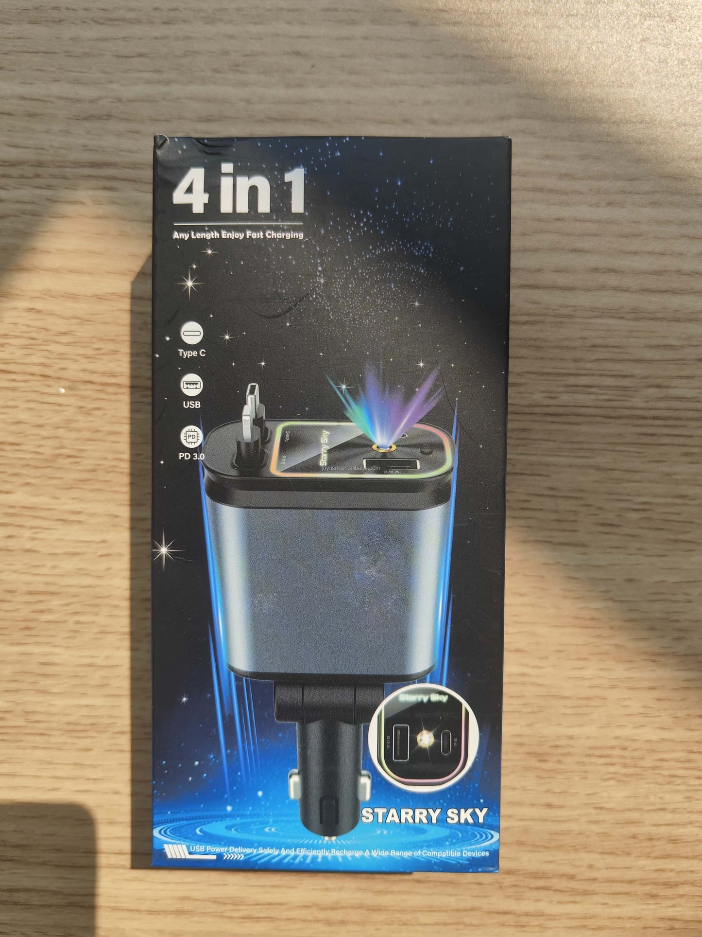 Chargeur de Voiture Rétractable 4-en-1 avec Éclairage Étoilé – 120W